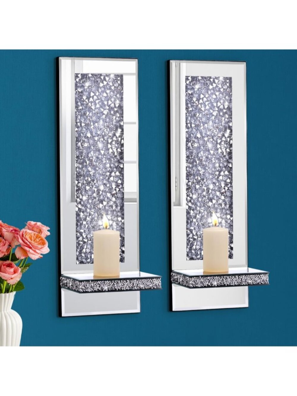 New Mirrored Wall Candle Sconces Holder Set of 2, Wall Decor Living Room